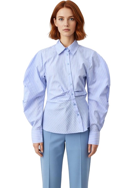 Kadın Çizgili Balon Kol Asimetrik Kesim Dokuma Gömlek Modern Görünümlerin Vazgeçilmezi Şık fırsatları