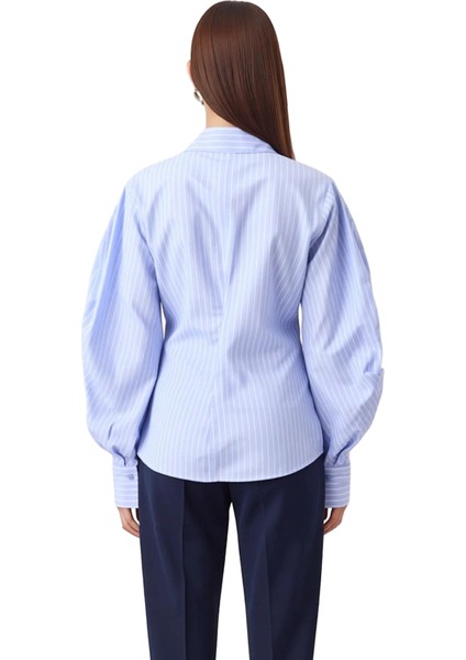 Kadın Çizgili Balon Kol Asimetrik Kesim Dokuma Gömlek Modern Görünümlerin Vazgeçilmezi Şık indirimleri