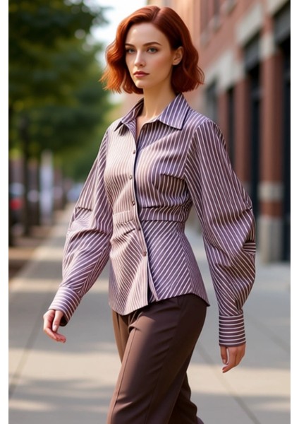 Kadın Çizgili Balon Kol Asimetrik Kesim Dokuma Gömlek Modern Görünümlerin Vazgeçilmezi Şık