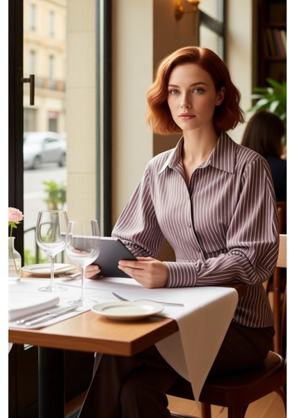 Kadın Çizgili Balon Kol Asimetrik Kesim Dokuma Gömlek Modern Görünümlerin Vazgeçilmezi Şık fiyatları