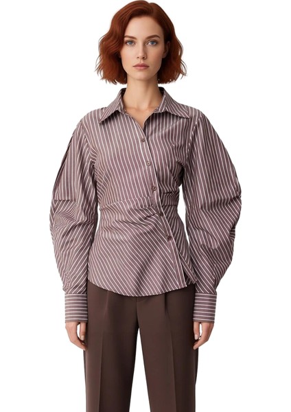 Kadın Çizgili Balon Kol Asimetrik Kesim Dokuma Gömlek Modern Görünümlerin Vazgeçilmezi Şık fırsatları