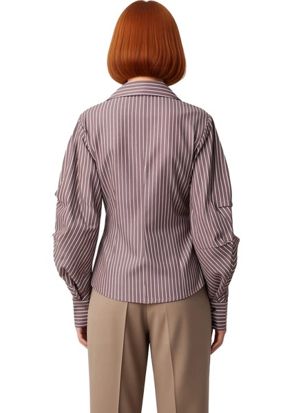 Kadın Çizgili Balon Kol Asimetrik Kesim Dokuma Gömlek Modern Görünümlerin Vazgeçilmezi Şık indirimleri