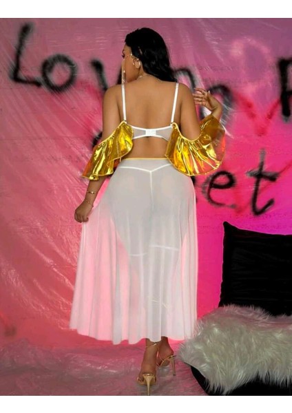 Altın Saten Detaylı Beyaz Tül Uzun Kadın Gecelik Takımı – Şık ve Zarif Tasarım fiyatları