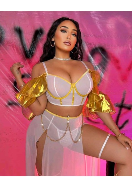 Altın Saten Detaylı Beyaz Tül Uzun Kadın Gecelik Takımı – Şık ve Zarif Tasarım modelleri