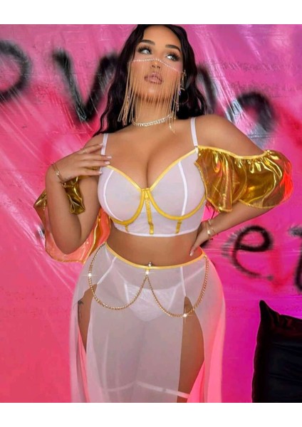 Altın Saten Detaylı Beyaz Tül Uzun Kadın Gecelik Takımı – Şık ve Zarif Tasarım