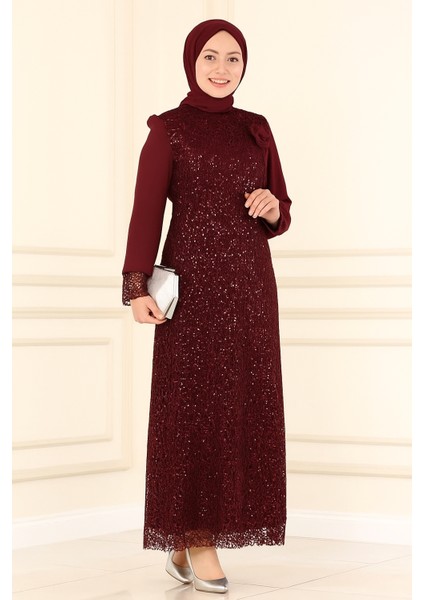 Şifon Pul Payetli Tesettür Abiye Bordo