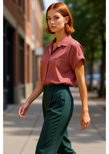 Kadın Dokuma Flamlı Pamuklu Gömlek Regular Kesim Kısa Kollu Plaj ve Günlük Şıklık Sunar Şık