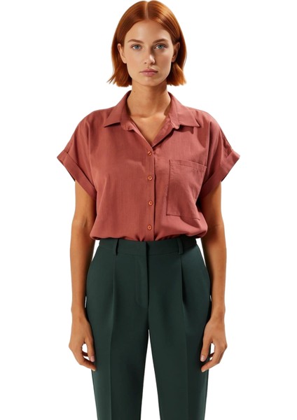 Kadın Dokuma Flamlı Pamuklu Gömlek Regular Kesim Kısa Kollu Plaj ve Günlük Şıklık Sunar Şık fırsatları