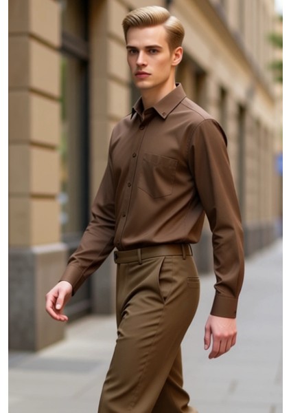 Erkek Gabardin Dokulu Uzun Kollu Düz Renk Regular Kesim Klasik Gömlek Günlük Şıklık Modern