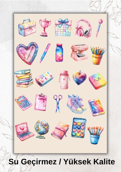 Pembe, Mavi Okul Temalı, Kalem, Defter Sticker Ajanda Bullet Journal YRM032