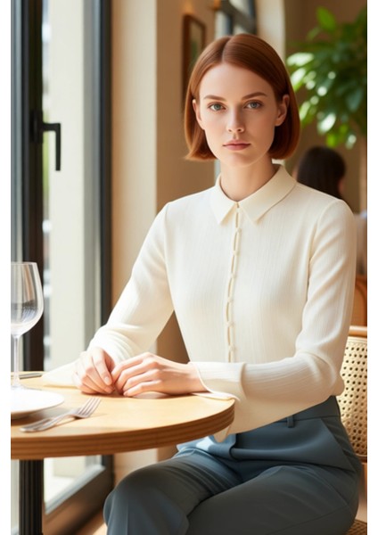 Dokulu Dokuma Kadın Gömleği Bele Oturan Kesimi Uzun Kolları Ile Şık ve Rahat Bir Seçim Spor modelleri