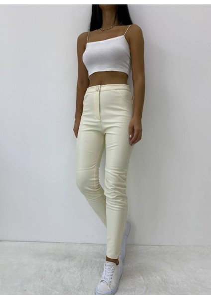 Kadın Bej Paça Gizli Fermuarlı Deri Pantolon - 10742