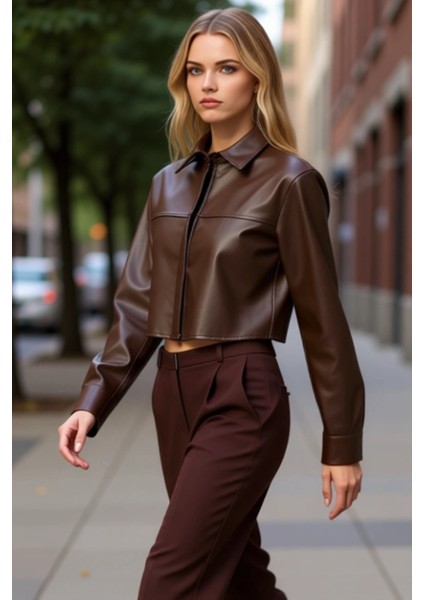 Kadın Suni Deri Crop Gömlek Fonksiyonel Dayanıklı Kaliteli Konforlu Estetik Premium Modern