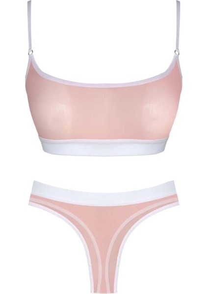 Pudra Beyaz Lastik Detaylı Transparan Tüllü Ayarlanabilir Askılı Kadın Sütyen Takımı modelleri