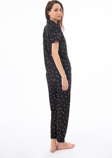Premium Kadın Pijama Takımı Siyah Kalp Desenli Yumuşak Dokulu Kısa Kollu Gömlek Yaka fiyatları