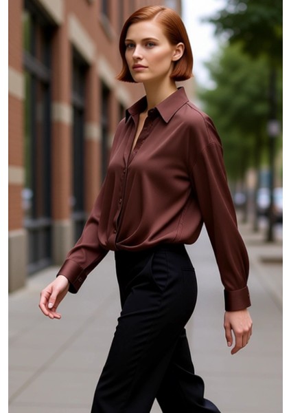 Kadın Oversize Dökümlü Gömlek Saten Dokulu Rahat Kesim Şık Görünüm Gün Boyu Konforlu Kullanım