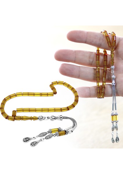 Ateş Kehribar Tesbih - Kararmaz Metal Damla Püsküllü - Soft Sarı Renk - Mini Boy - Kesme Kesim fiyatları