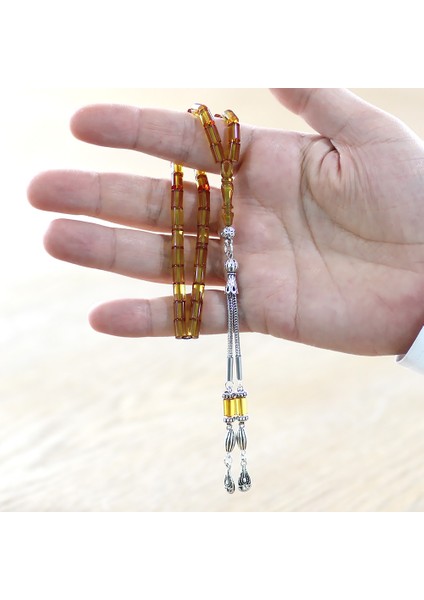 Ateş Kehribar Tesbih - Kararmaz Metal Damla Püsküllü - Soft Sarı Renk - Mini Boy - Kesme Kesim modelleri