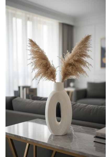 Modern Oval Delikli Beyaz Vazo, Hediye Pampas Otu Seti, Bohem ve Iskandinav Salon Dekoru.