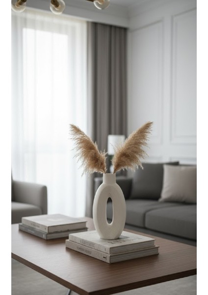 Modern Oval Delikli Beyaz Vazo, Hediye Pampas Otu Seti, Bohem ve Iskandinav Salon Dekoru. fiyatları
