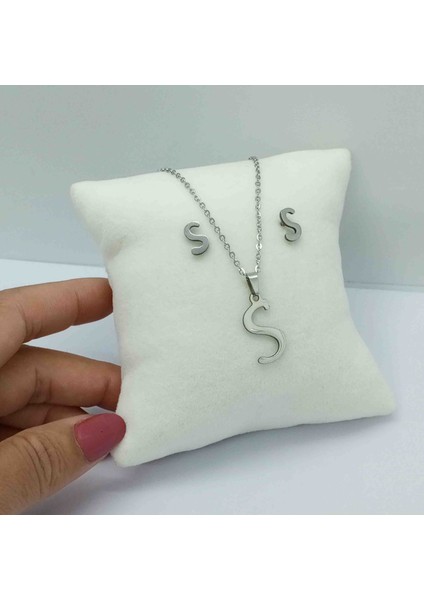 Çelik Silver S Harfi Kolye Küpe Seti