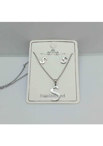 Çelik Silver S Harfi Kolye Küpe Seti modelleri