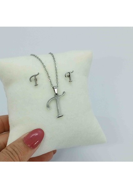 Çelik Silver T Harfi Kolye Küpe Seti