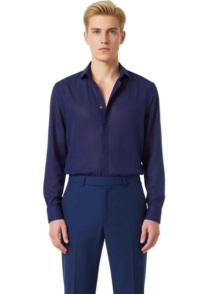 Erkek Regular Fit Keten Dokulu Pamuklu Uzun Kollu Gündelik Gömlek Modeli Fonksiyonel Rahat