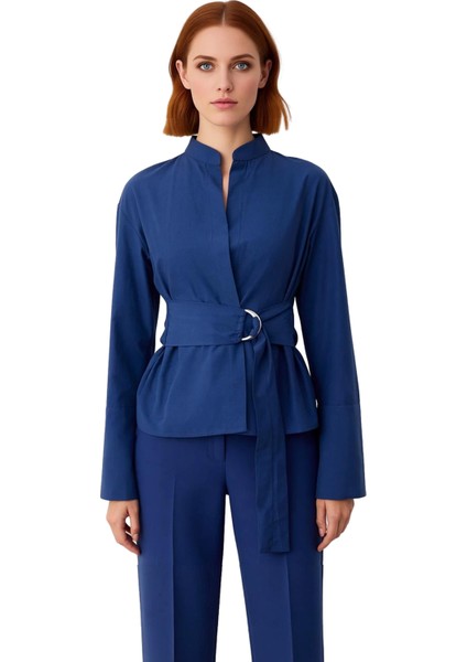 Kadın Giyim Koleksiyonu Kuşak Detaylı Şık Tasarım Hakim Yaka Uzun Kollu Gömlek Bluz Modern