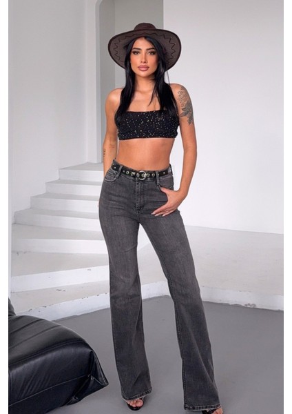 Geniş Paça Ispanyol Kadın Jean Pantolon - Antrasit Antrasit - 27