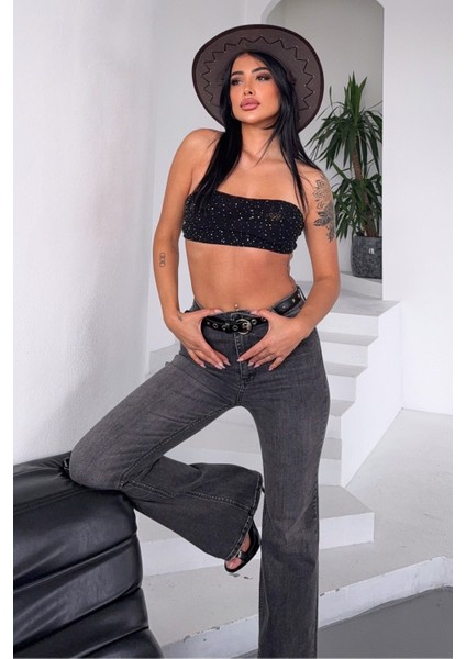 Geniş Paça Ispanyol Kadın Jean Pantolon - Antrasit Antrasit - 27 fiyatları