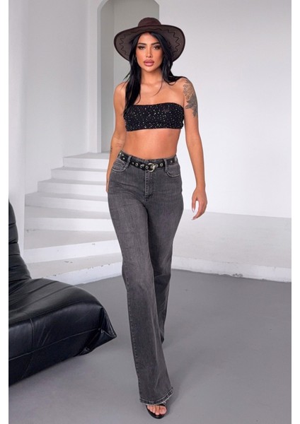 Geniş Paça Ispanyol Kadın Jean Pantolon - Antrasit Antrasit - 27 modelleri