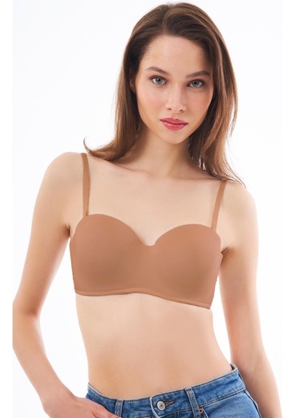 Bej Balenli Toparlayıcı Dolgusuz Straplez Sütyen