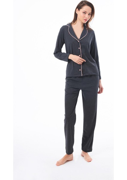 Antrasit Önden Düğmeli Pamuklu Kadın Pijama Takımı modelleri