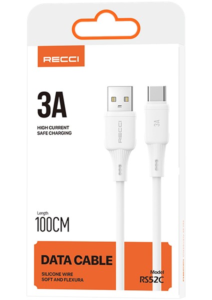 RS52C Usb-A To Type-C 3A Hızlı Şarj Özellikli Data ve Şarj Kablosu 1m Beyaz indirimleri