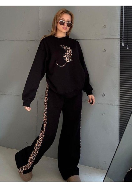 5832 Leoparlı Eşofman Takımı Siyah