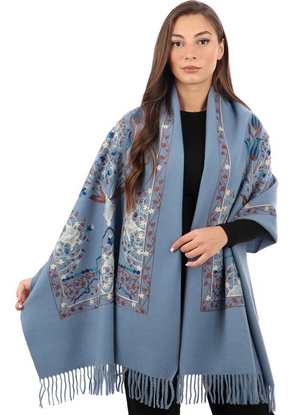 Indigo Nakışlı Kışlık Şal