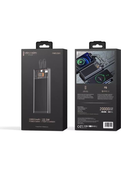 🔋 Venandin Opulix PWB20A1 20.000 Mah LED Göstergeli 22.5W Hızlı Kendinden Kablolu Powerbank | Taşınabilir ve Çok Fonksiyonlu Şarj Cihazı