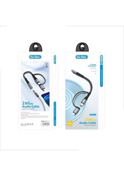 GD-UC173 3.5mm Jack Girişli Type-C ve Lightning 2in1 Ses Kablosu Siyah modelleri