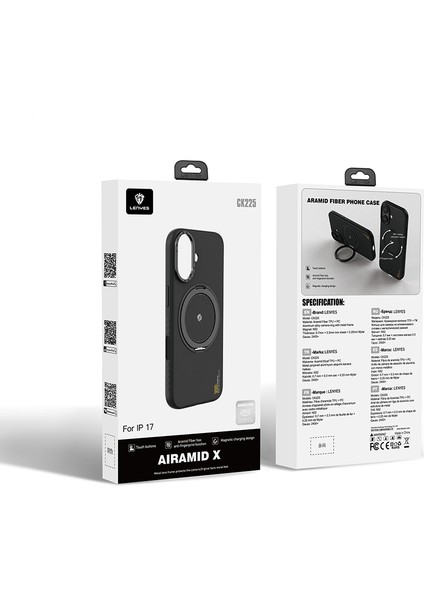 iPhone 17 Uyumlu Kılıf M-Safe Şarj Özellikli Metal Standlı Lenyes CK225 Kevlar Kapak Siyah