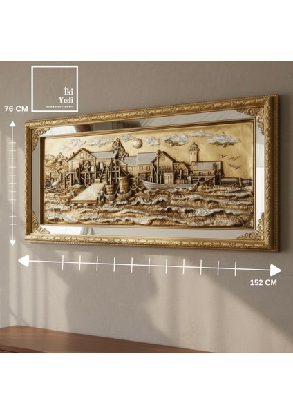 Pernille 152 cm Altın Gümüş Varaklı Iskele Gemi Rölyef Tablo Lüks Kabartma Duvar Dekoru Hediyesi