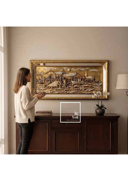Pernille 152 cm Altın Gümüş Varaklı Iskele Gemi Rölyef Tablo Lüks Kabartma Duvar Dekoru Hediyesi fiyatları