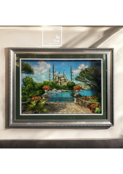 Sultanahmet Camii 3D Kağıt Rölyef Tablo – 80X60 cm Gri Varaklı Çerçeve, Lüks Duvar Dekorasyonu