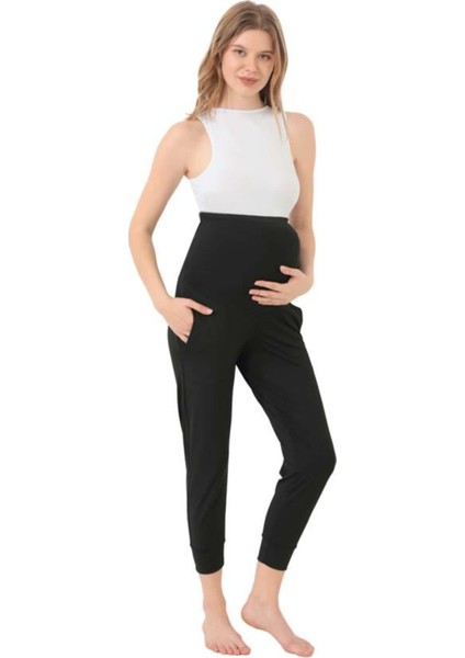 Siyah Esnek Yüksek Bel Çift Cepli Hamile Jogger Eşofman Altı