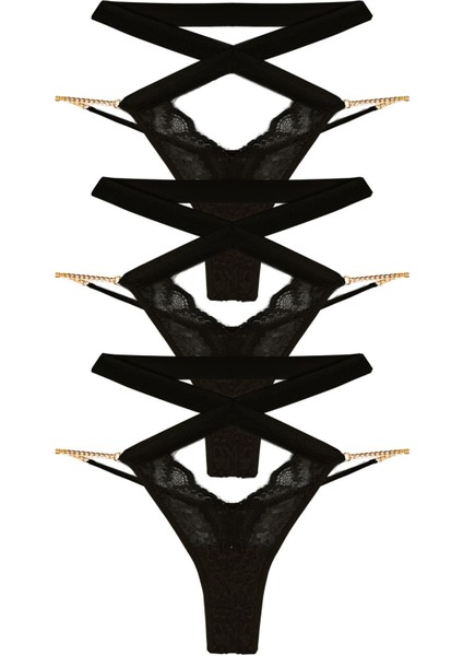 Dantelli Zincir Detaylı Kadın Tanga Külot 3'lü Paket