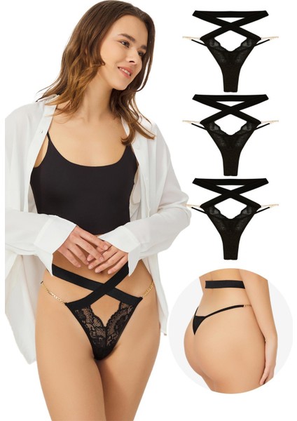 Dantelli Zincir Detaylı Kadın Tanga Külot 3'lü Paket fiyatları