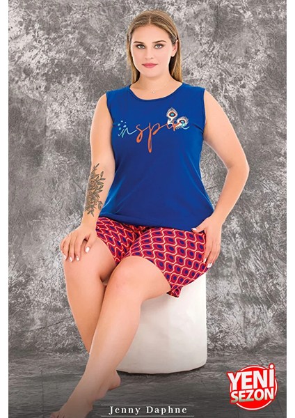 Lady Büyük Beden Mavi Desenli Sıfır Kollu Şortlu Pijama Takımı