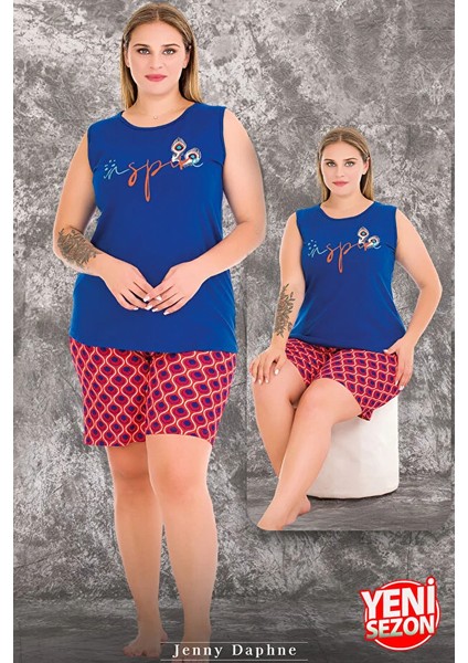 Lady Büyük Beden Mavi Desenli Sıfır Kollu Şortlu Pijama Takımı fiyatları