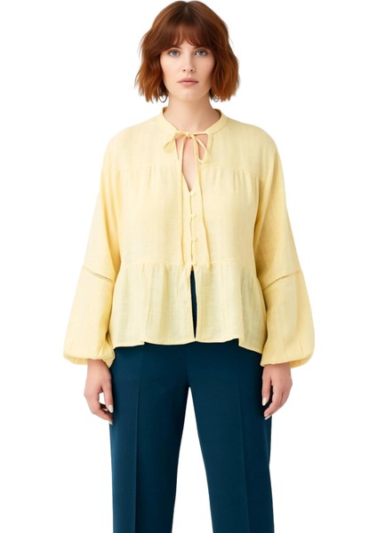 Kadın Dokulu Kumaş Bağlamalı V Yaka Uzun Kollu Bluz Rahat Kesim Günlük Kullanım Fonksiyonel