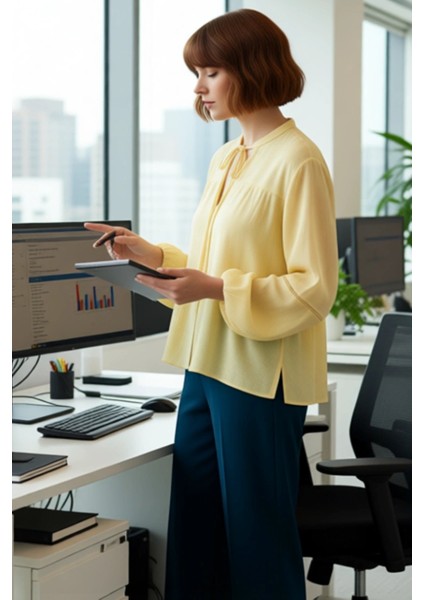 Kadın Dokulu Kumaş Bağlamalı V Yaka Uzun Kollu Bluz Rahat Kesim Günlük Kullanım Fonksiyonel fırsatları